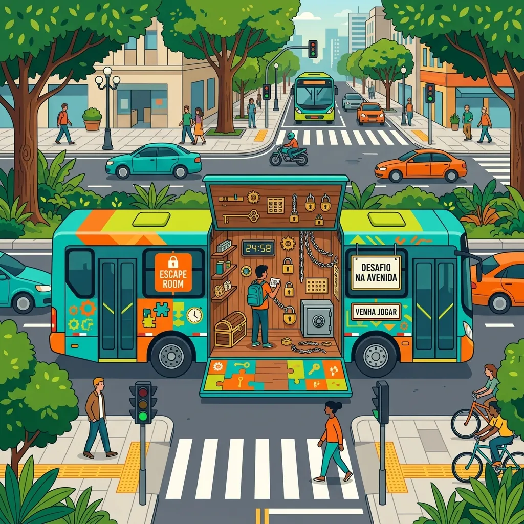 Ilustração de um ônibus urbano aberto revelando uma cabine de escape room com cadeados, engrenagens e relógio em contagem regressiva, cercado por elementos de trânsito