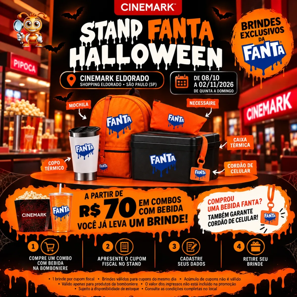 Arte do Stand Fanta Halloween no Cinemark Eldorado com os brindes e o passo a passo da troca