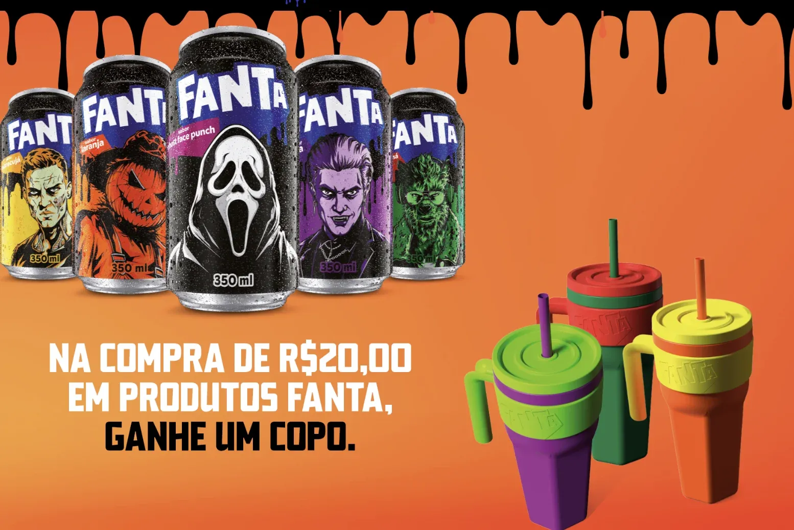 Latas de Fanta de Halloween com Ghost Face, abóbora, vampiro, zumbi e lobisomem ao lado de três copos térmicos coloridos