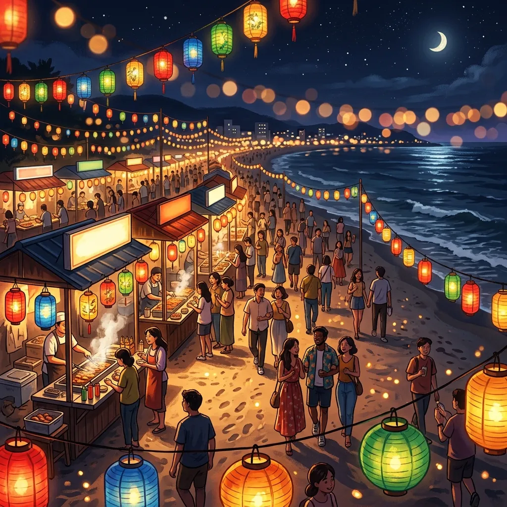 Lanternas coreanas iluminando um festival à beira-mar à noite