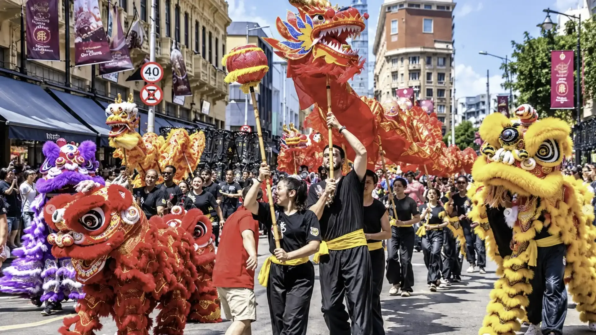 Leões chineses vermelhos e amarelos dançando com artistas de preto em uma rua do centro de São Paulo