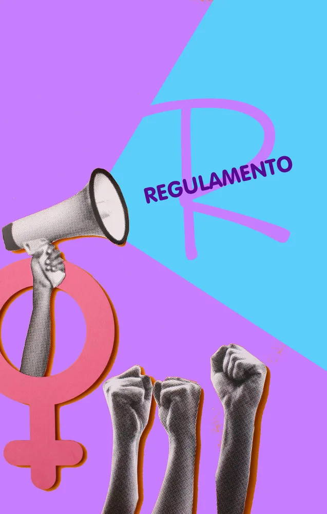 Arte do regulamento do NOIA com megafone, punhos erguidos e símbolo feminino
