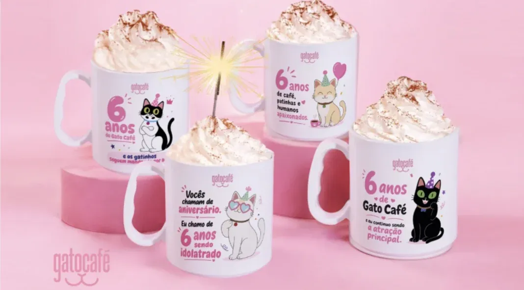Brinde grátis: Compre e Ganhe Gato Café: canecas colecionáveis de 6 anos acompanham a sobremesa comemorativa