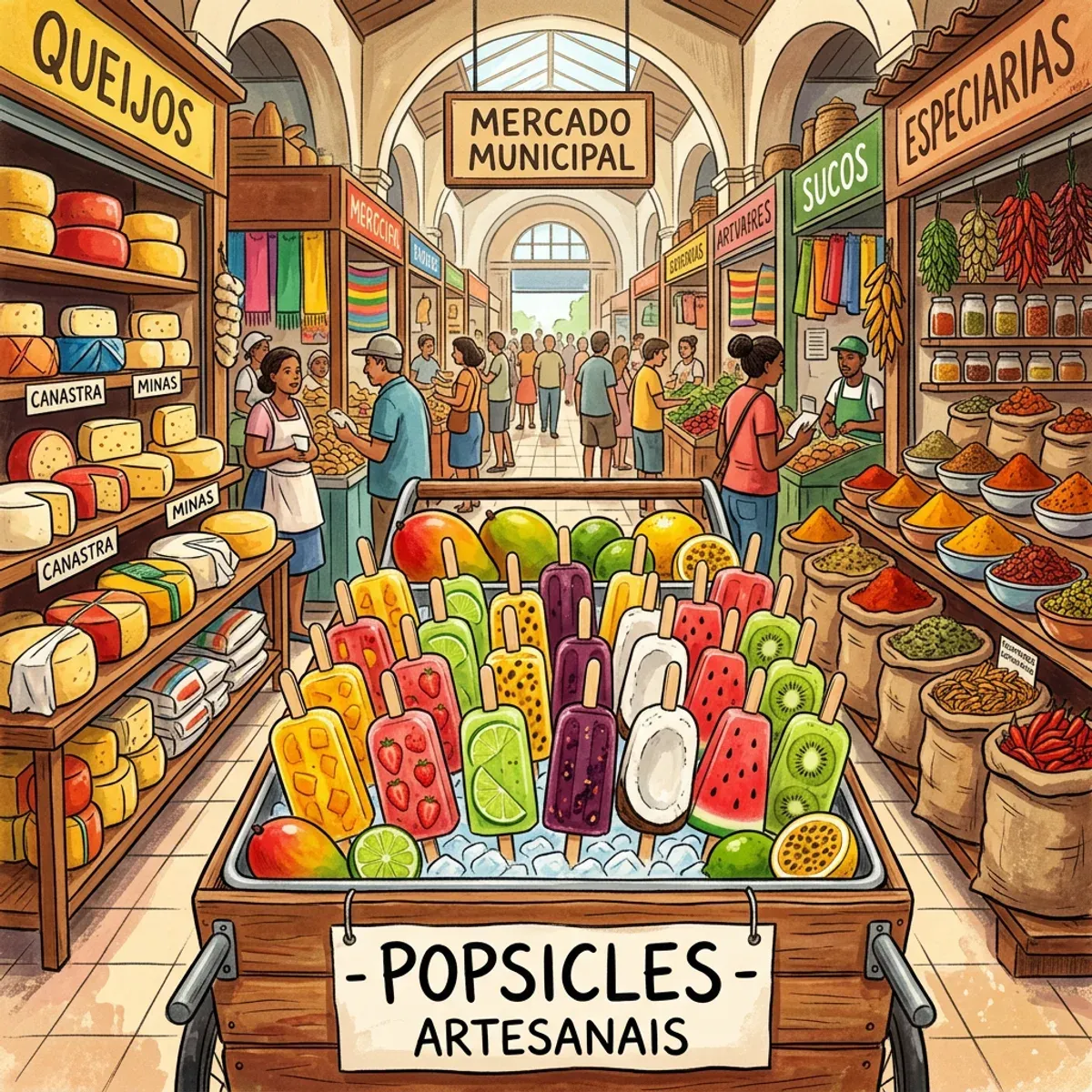 Ilustração de apoio: carrinho com picolés de frutas coloridos no corredor de um mercado com queijos e temperos