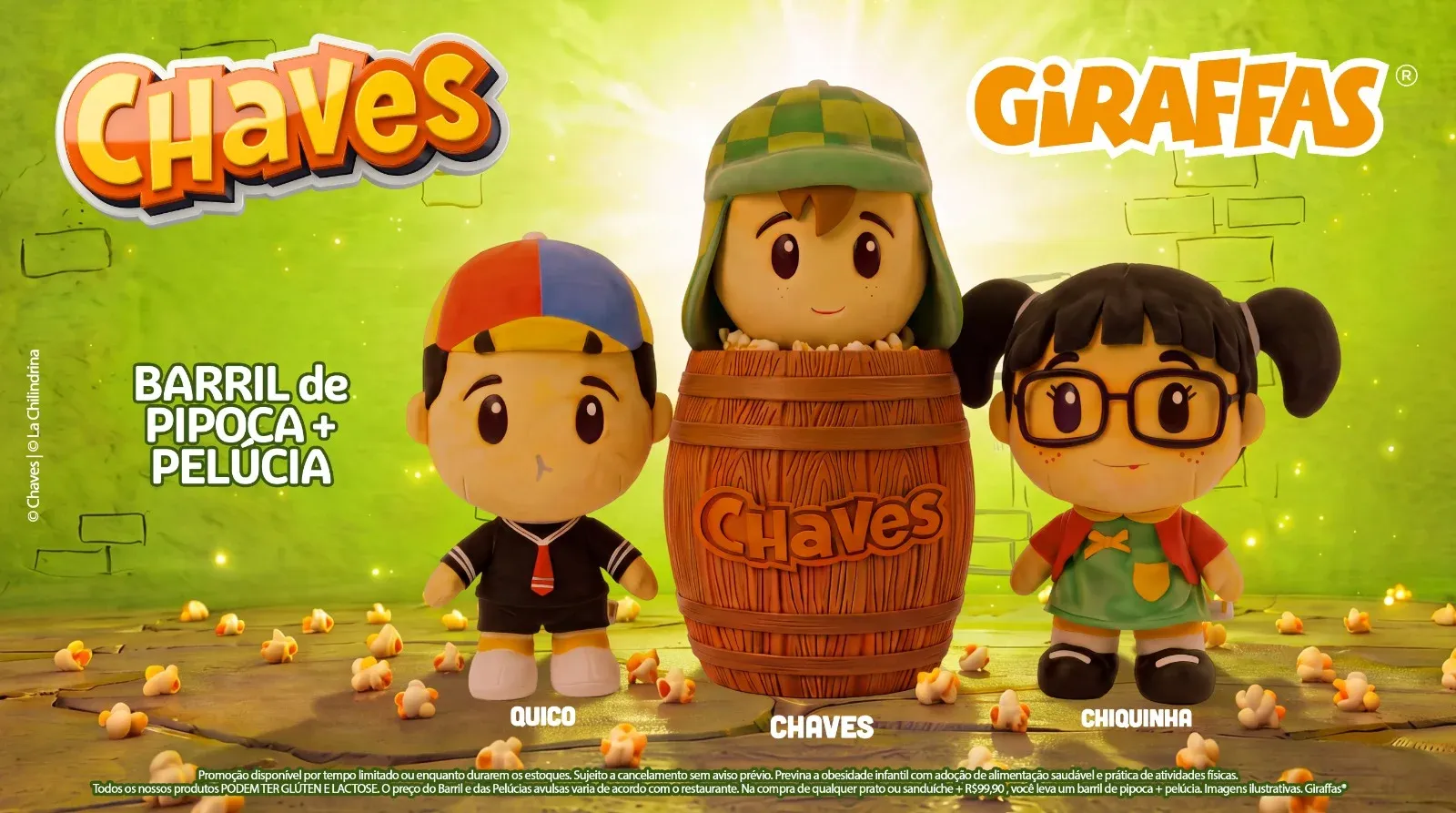 Barris de pipoca com pelúcias do Chaves, da Chiquinha e do Quico