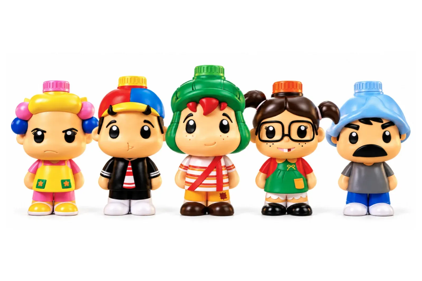 Cinco garrafinhas da Turma do Chaves: Chaves, Chiquinha, Quico, Dona Florinda e Seu Madruga