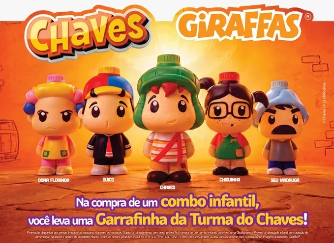 Garrafinhas e barris de pipoca com pelúcia da Turma do Chaves no Giraffas