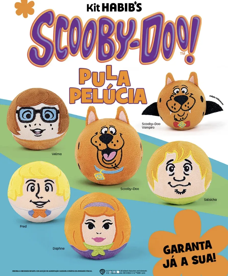 Os seis Pula-Pelúcias do Kit Habib's Scooby-Doo: Velma, Scooby-Doo, Scooby vampiro, Fred, Daphne e Salsicha