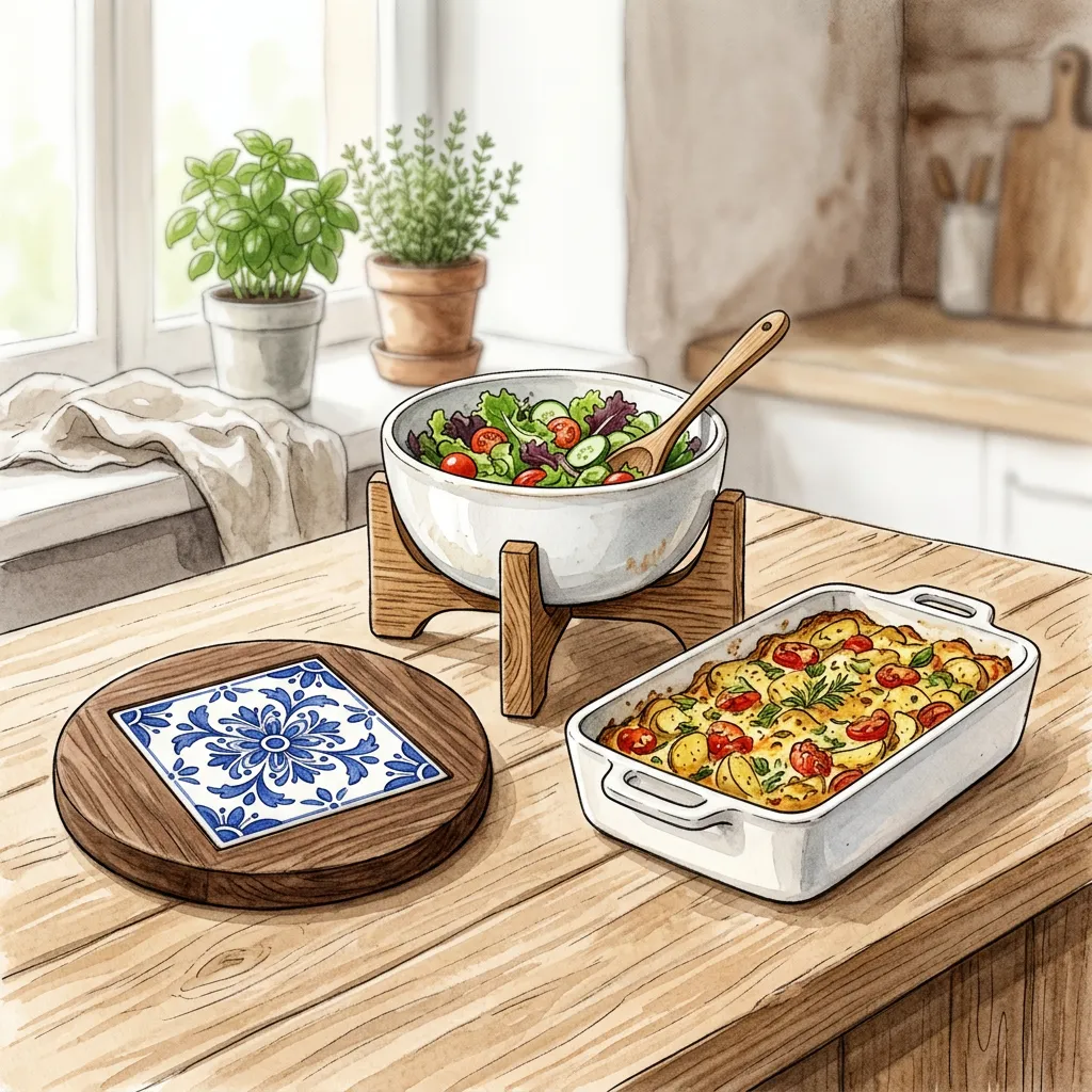 Ilustração de uma tábua com azulejo, uma saladeira com suporte de madeira e uma travessa de cerâmica sobre a bancada