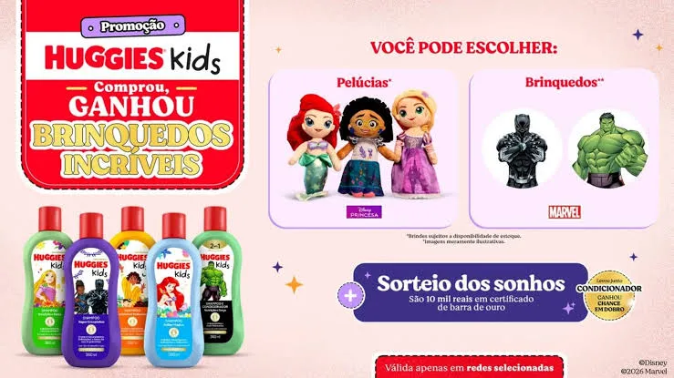Página oficial da promoção Huggies Kids com as pelúcias Disney e os brindes Marvel