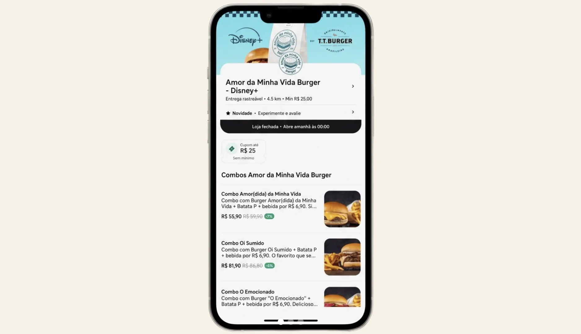 Tela de divulgação da loja Amor da Minha Vida Burger no iFood; preços e cupons devem ser conferidos no pedido