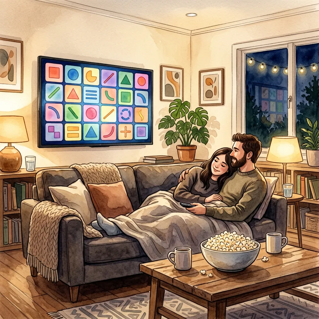 Ilustração de um casal no sofá assistindo a uma TV com grade de canais, com pipoca na mesa de centro