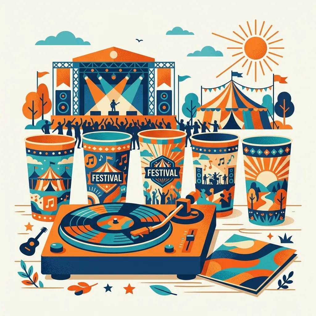 Ilustração de copos coloridos de festival ao lado de uma vitrola e discos de vinil