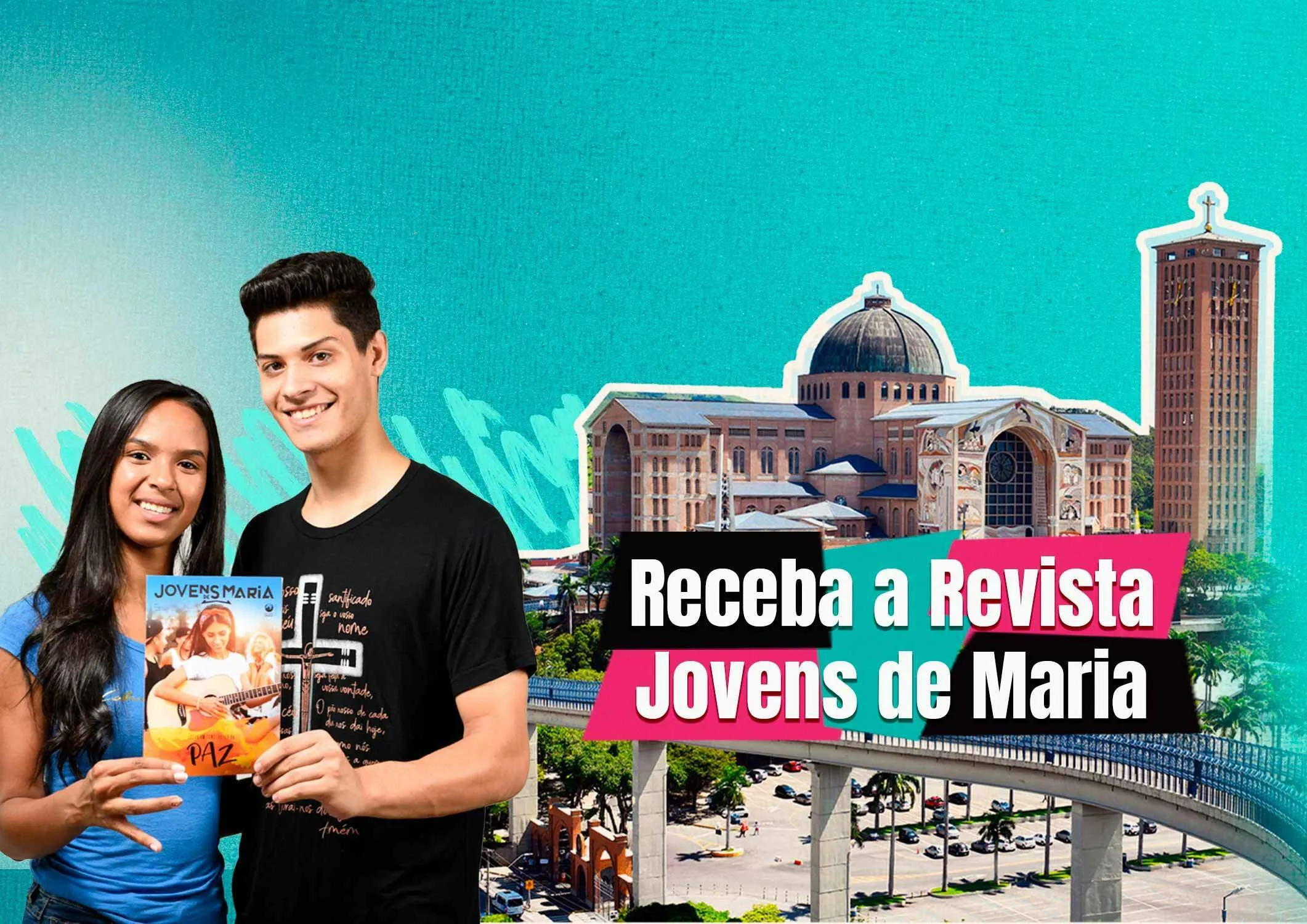 Divulgação da Revista Jovens de Maria com dois jovens segurando a revista em frente à Basílica de Aparecida