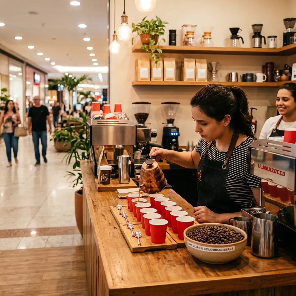 Ilustração de uma barista servindo café coado em copos vermelhos enfileirados no balcão de uma cafeteria de shopping