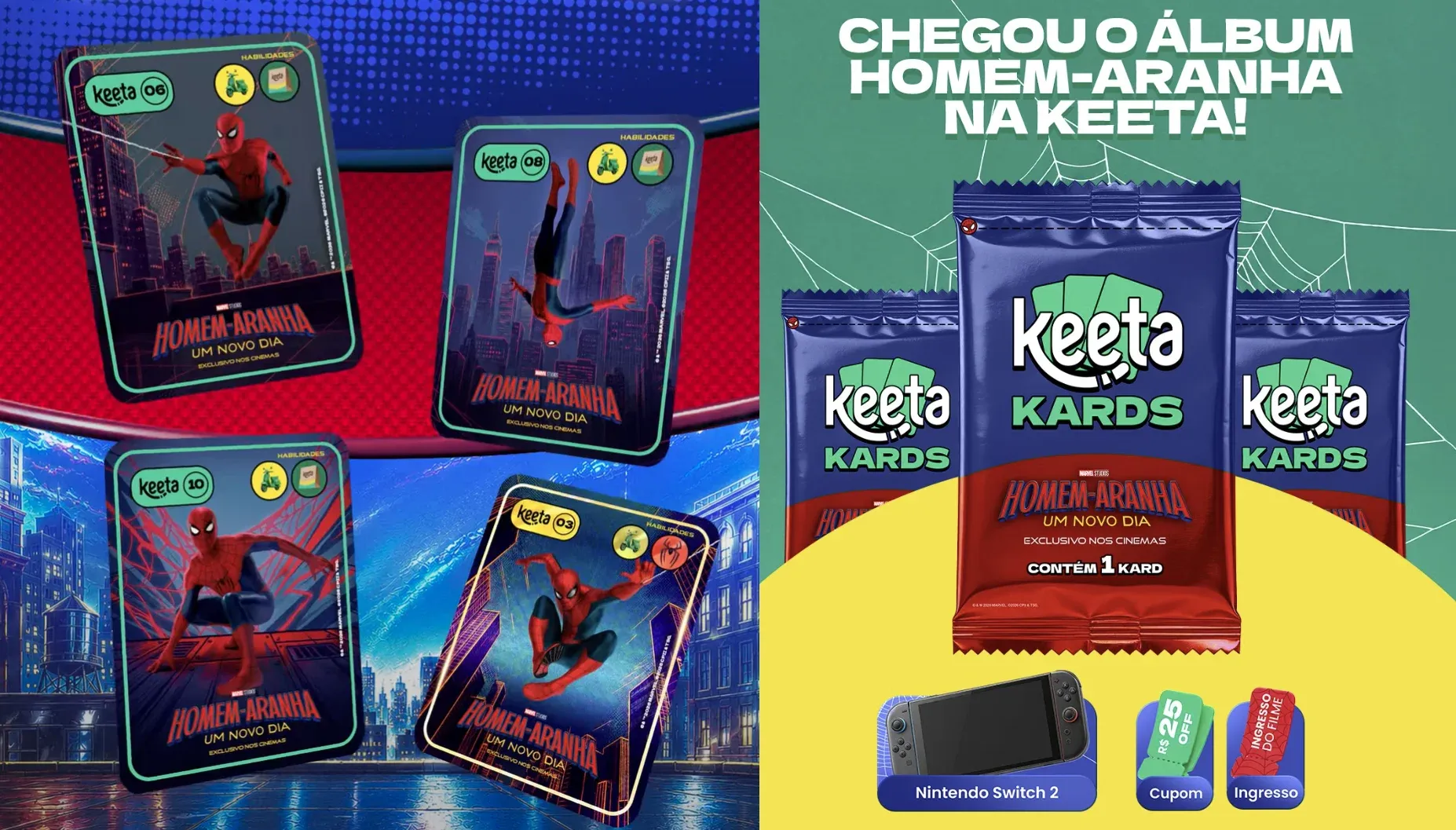Brinde grátis: Sorteio Keeta: Complete o Álbum do Homem-Aranha e Concorra a Nintendo Switch 2