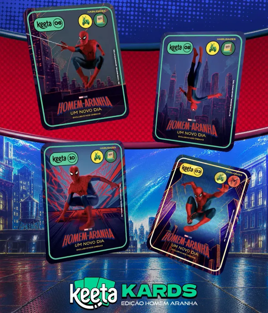 Montagem das cartas do Homem-Aranha da campanha Keeta Kards