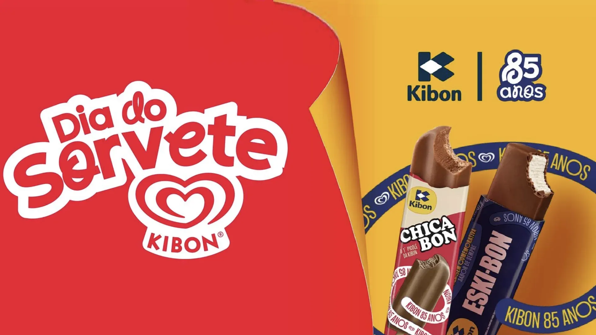 Arte do Dia do Sorvete Kibon 85 anos com picolés Chicabon e Eskibon sobre fundo vermelho e amarelo