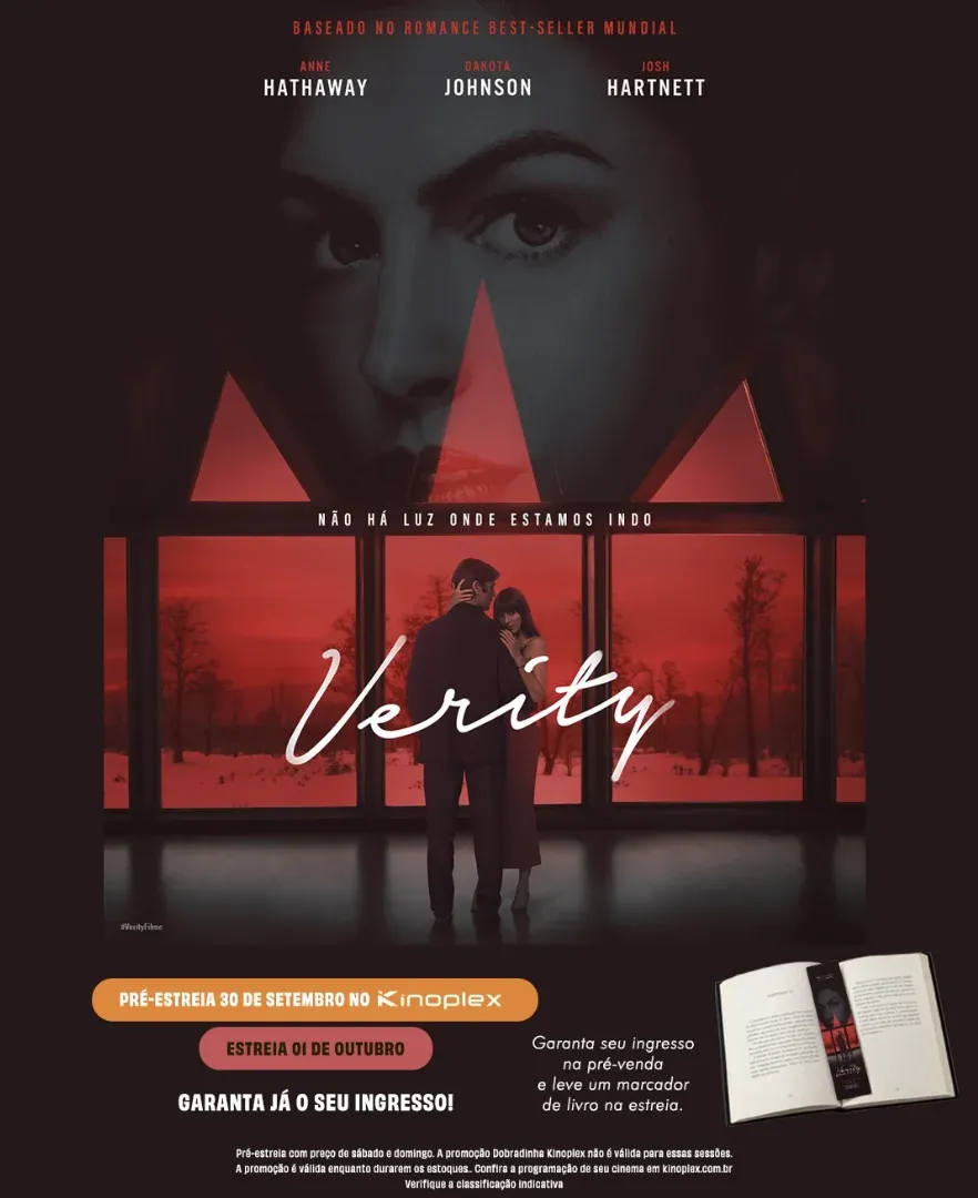 Cartaz do Kinoplex para a pré-estreia de Verity em 30 de setembro, com o marcador de livro dado a quem compra ingresso na pré-venda