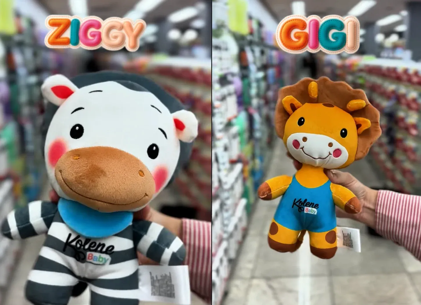 Ziggy, zebra, e Gigi, girafa de pelúcia da coleção Kolene