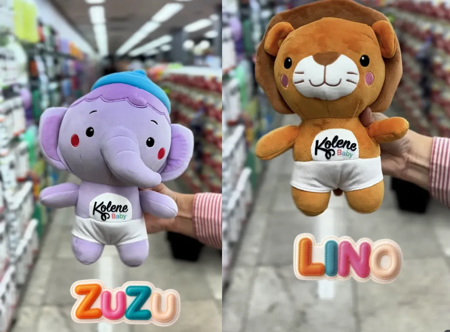 Zuzu, elefante lilás, e Lino, leão de pelúcia da Kolene