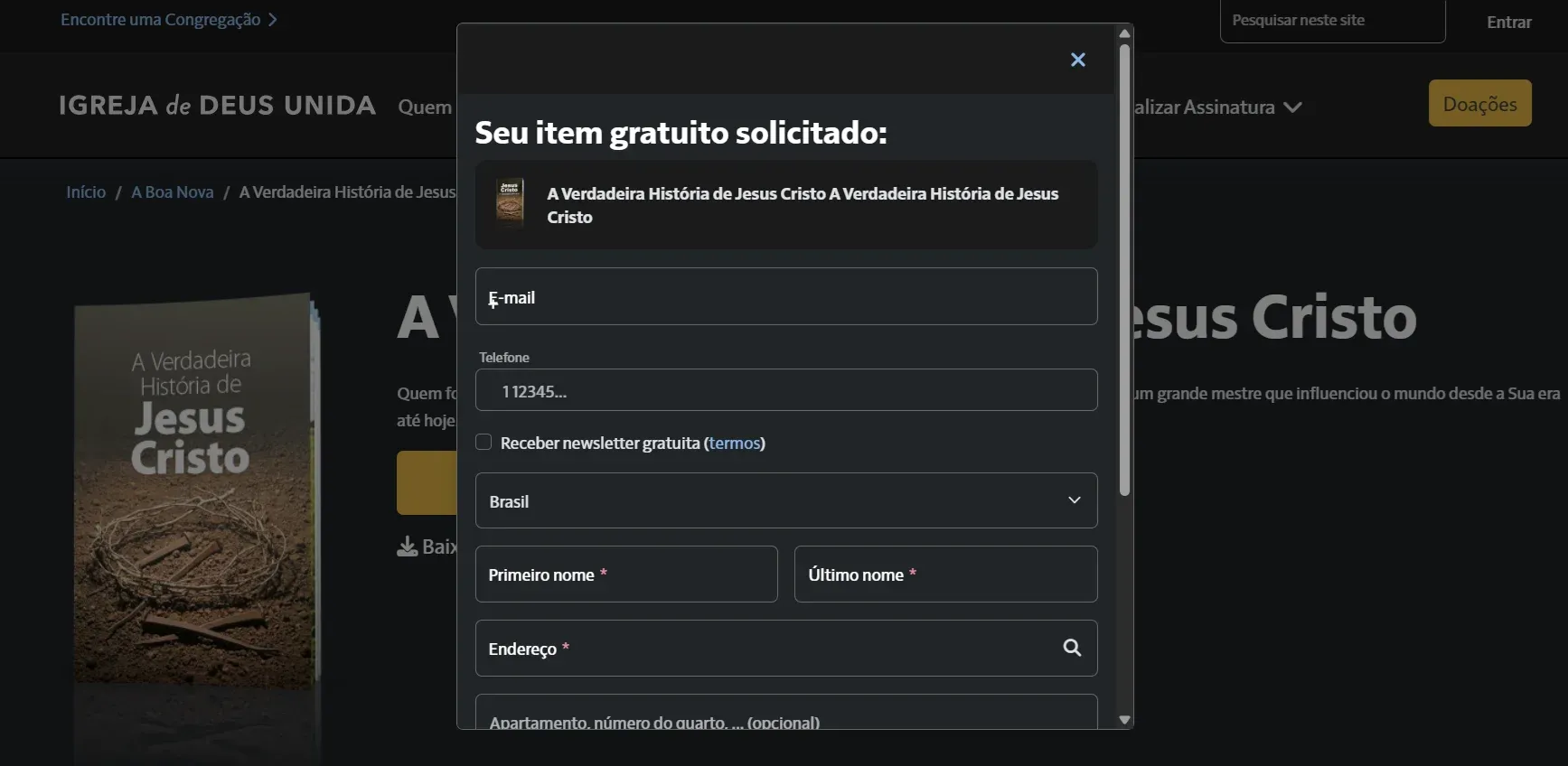 Tela do formulário de solicitação do exemplar impresso, com os campos de nome, endereço e telefone