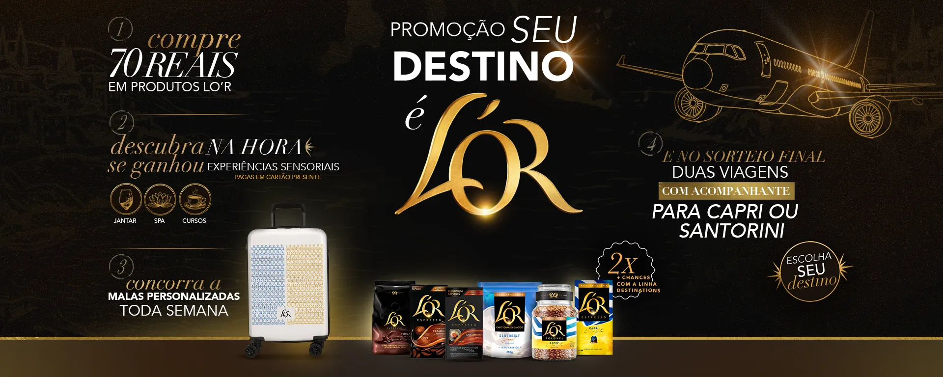 Arte da campanha Seu Destino é L'OR com xícara de café e avião de papel