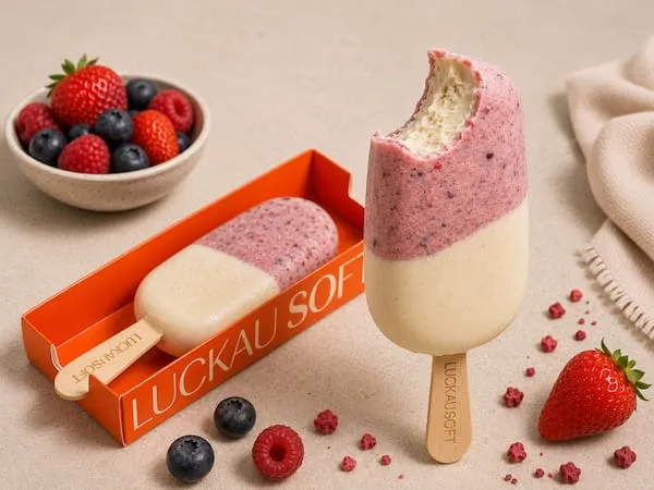 Picolé de frutas vermelhas da Luckau Soft mordido ao lado da embalagem laranja da marca