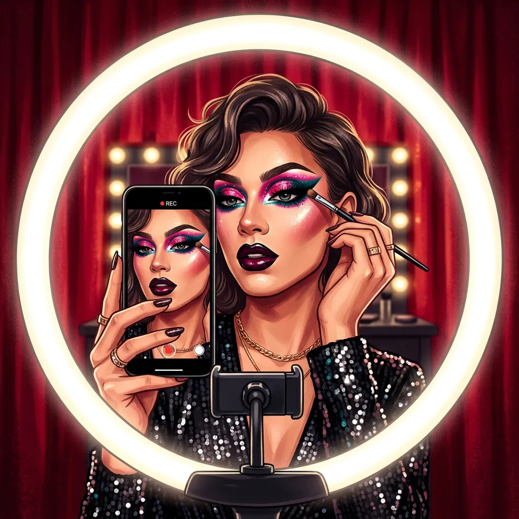 Ilustração de uma pessoa gravando um vídeo vertical no celular enquanto aplica sombra rosa e verde-azulada, com ring light e cortina vermelha ao fundo