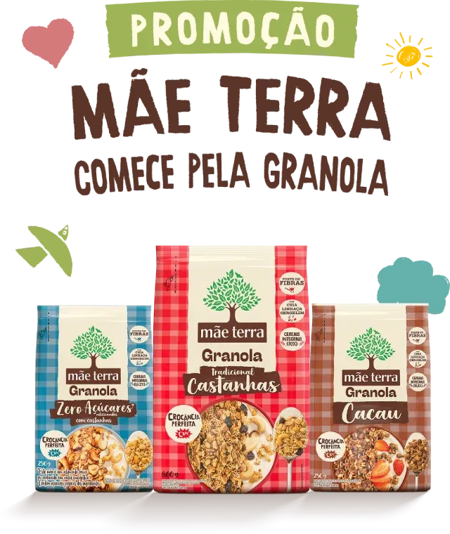 Embalagens oficiais de granolas Zero Açúcares, Castanhas e Cacau na arte da campanha