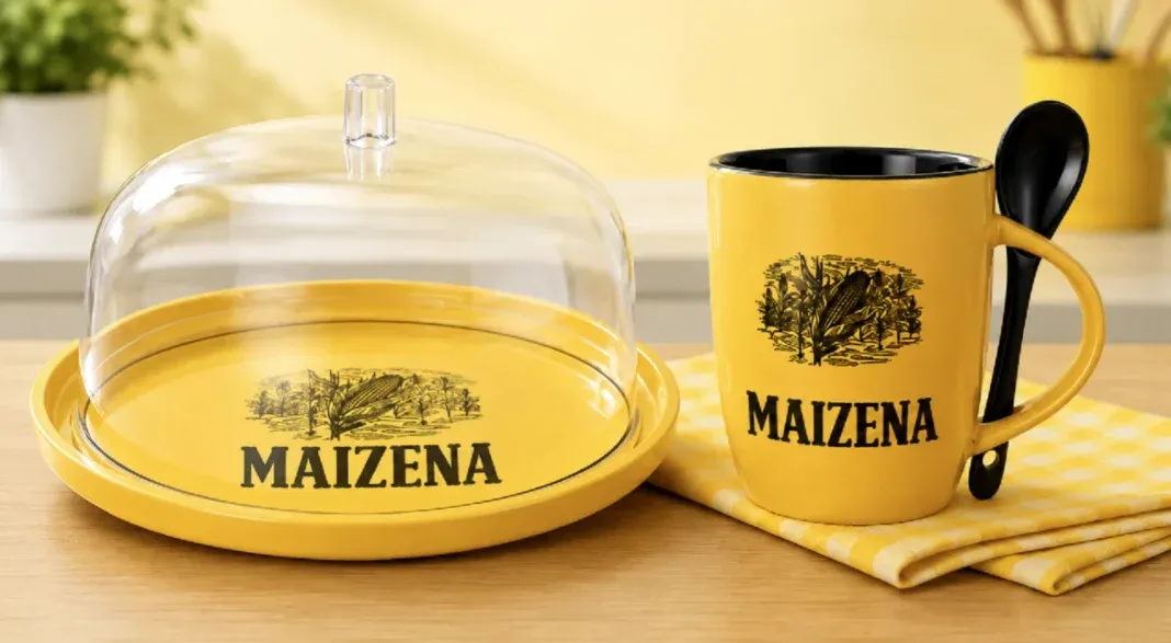 Maizena Junte e Troque — canecas e boleira de cerâmica com design inspirado na embalagem clássica