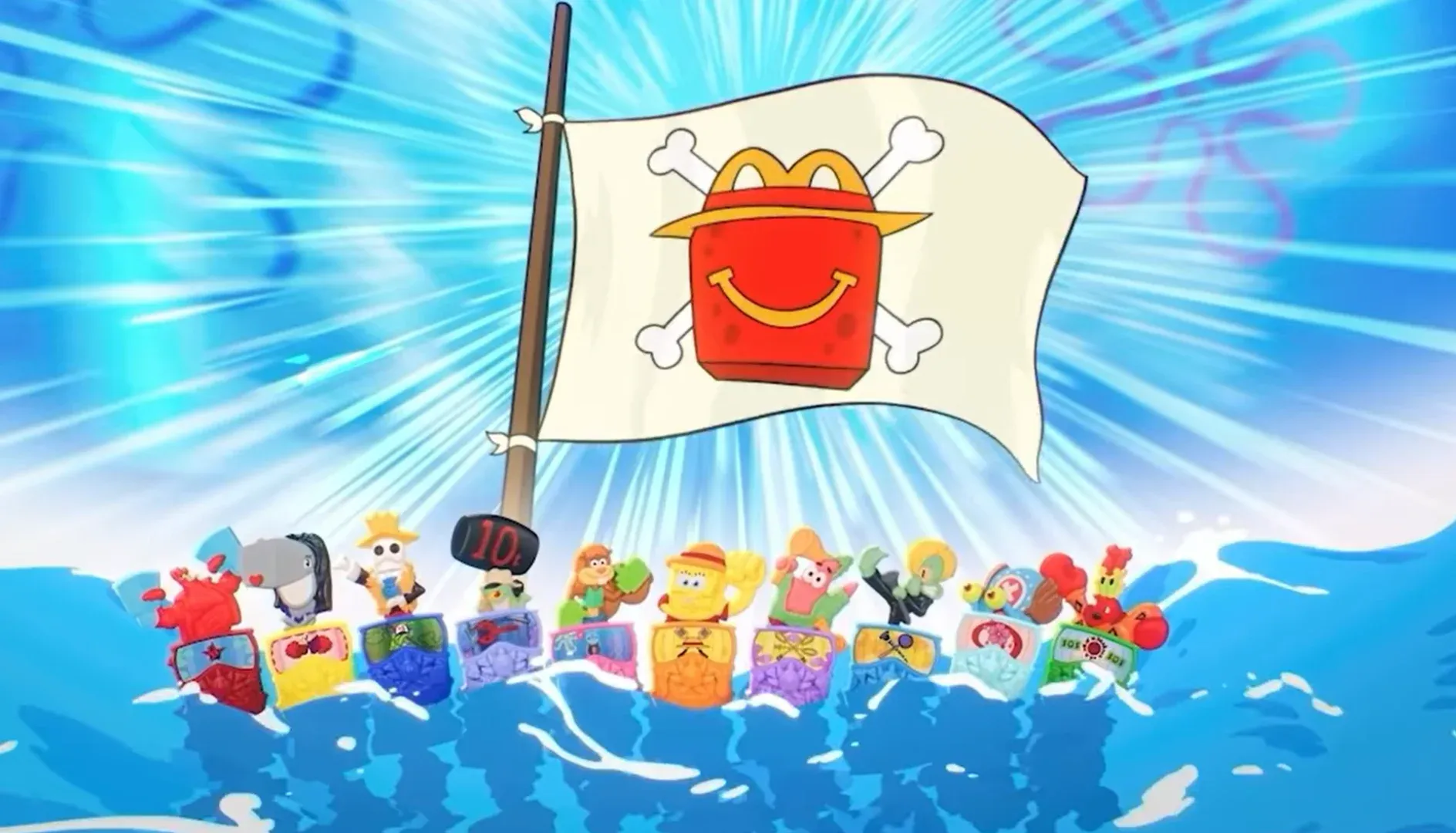 Caixa do McLanche Feliz dividida ao meio, com Bob Esponja de um lado e Luffy de One Piece do outro, sobre a mesa de um restaurante McDonald's