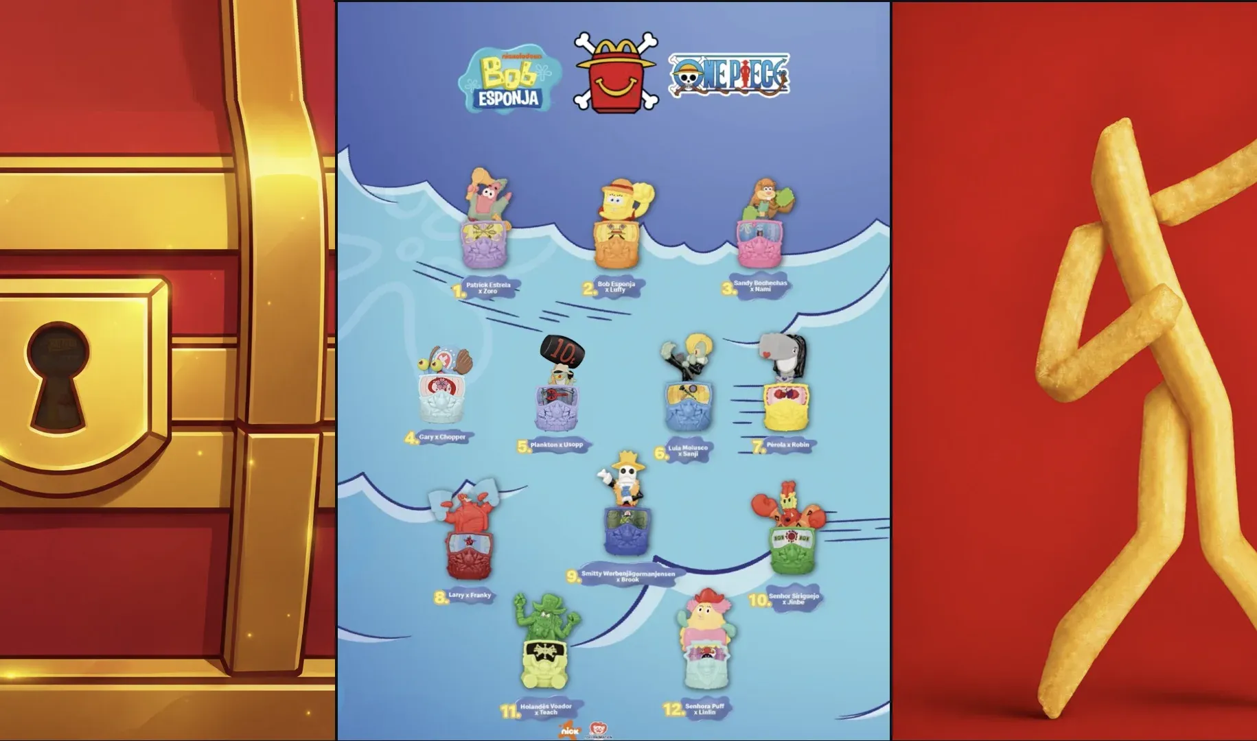 Cartela oficial com os 12 brinquedos da coleção Bob Esponja x One Piece do McLanche Feliz, numerados e identificados