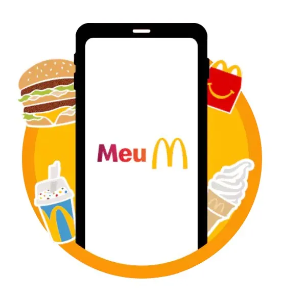 Aplicativo Meu Méqui no celular cercado por Big Mac, casquinha, refrigerante e McLanche Feliz