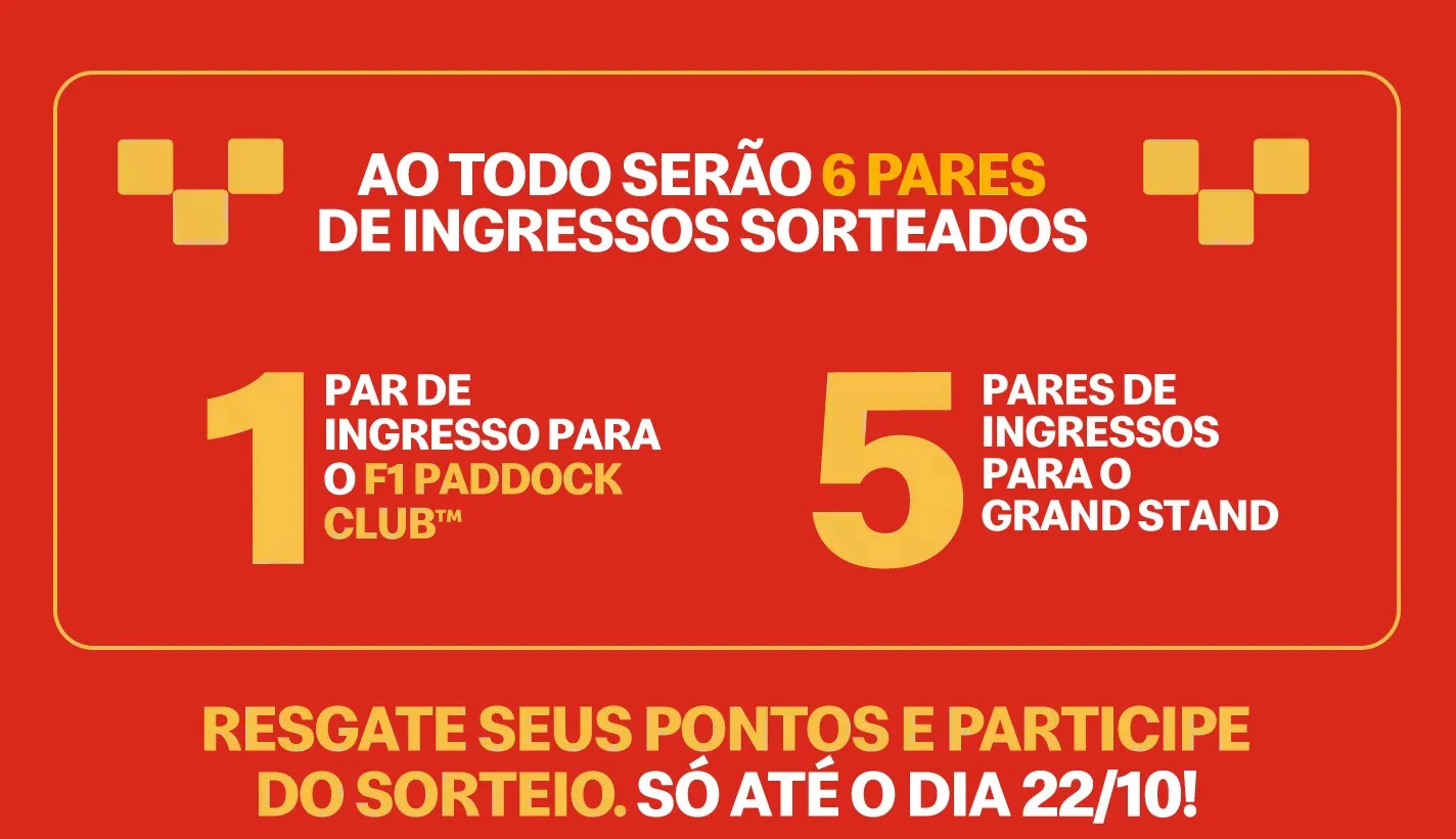 Quadro de prêmios: 6 pares de ingressos sorteados, 1 par para o F1 Paddock Club e 5 pares para a Grand Stand, participação até 22/10