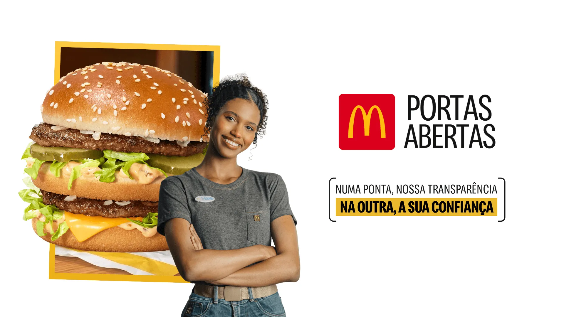 Banner oficial do programa Portas Abertas do McDonald's, com o Big Mac e uma atendente da rede