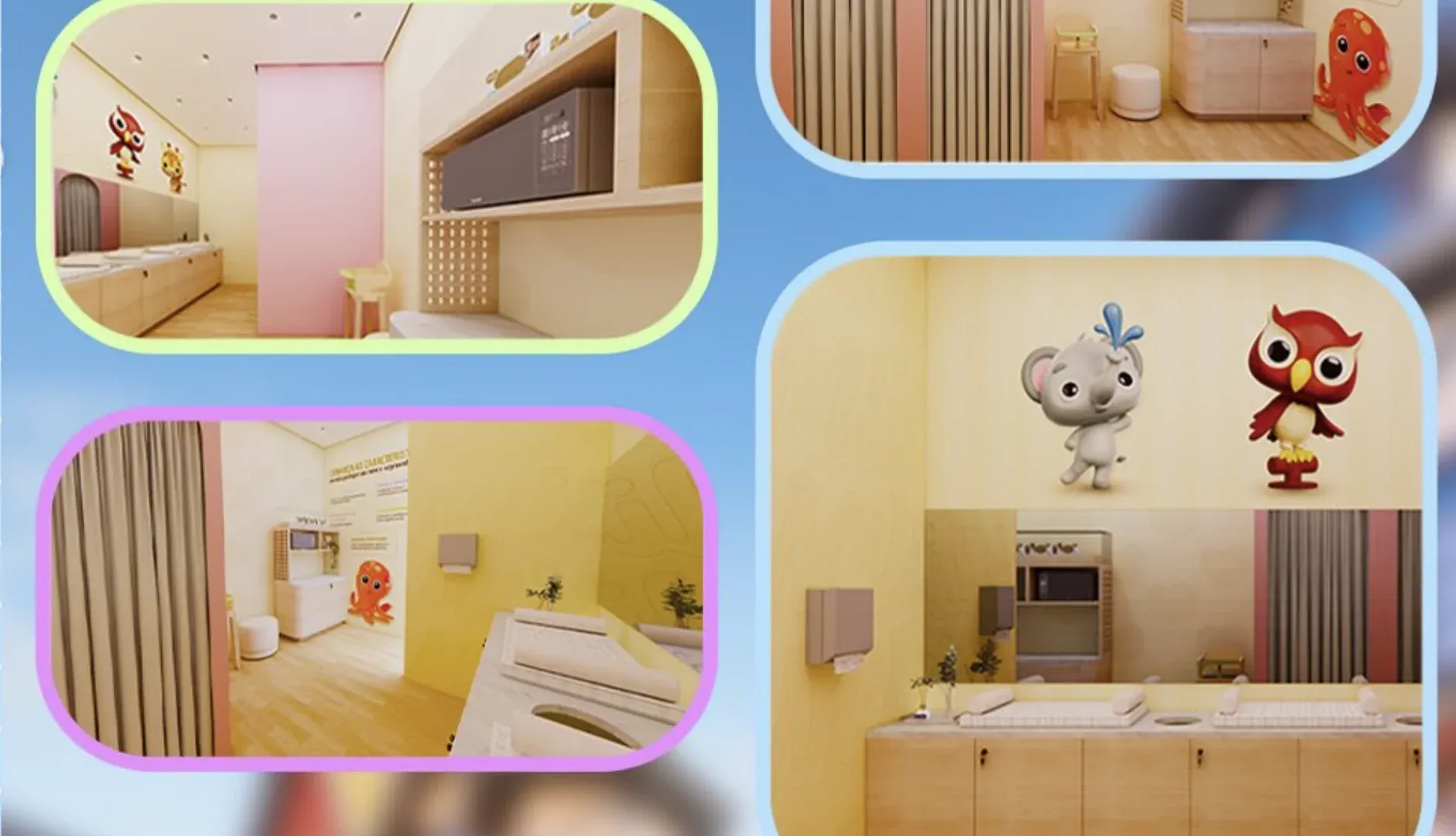Projeto do Fraldário Mili Love & Care com trocadores, cortinas para amamentação e personagens da marca nas paredes