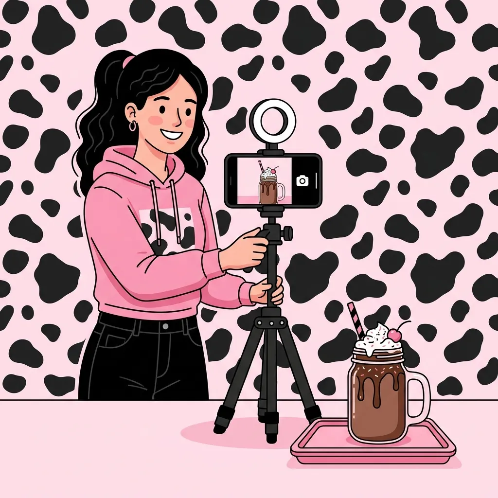 Ilustração de uma criadora de conteúdo gravando um milk-shake com celular em tripé, em cenário rosa com estampa de vaquinha