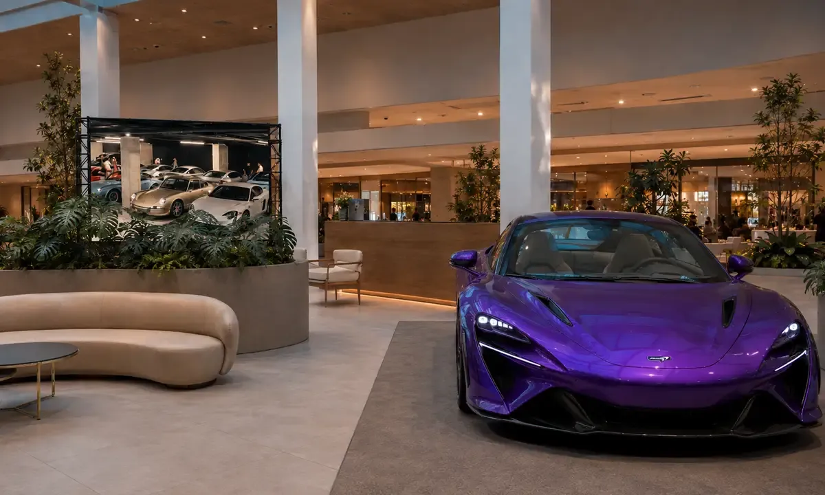 McLaren roxa exposta no vão central do MorumbiShopping, com vitrine de carros clássicos ao fundo