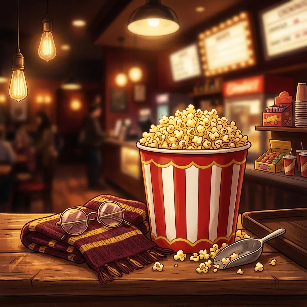 Balde de pipoca de cinema ao lado de um cachecol e de óculos redondos inspirados no universo bruxo