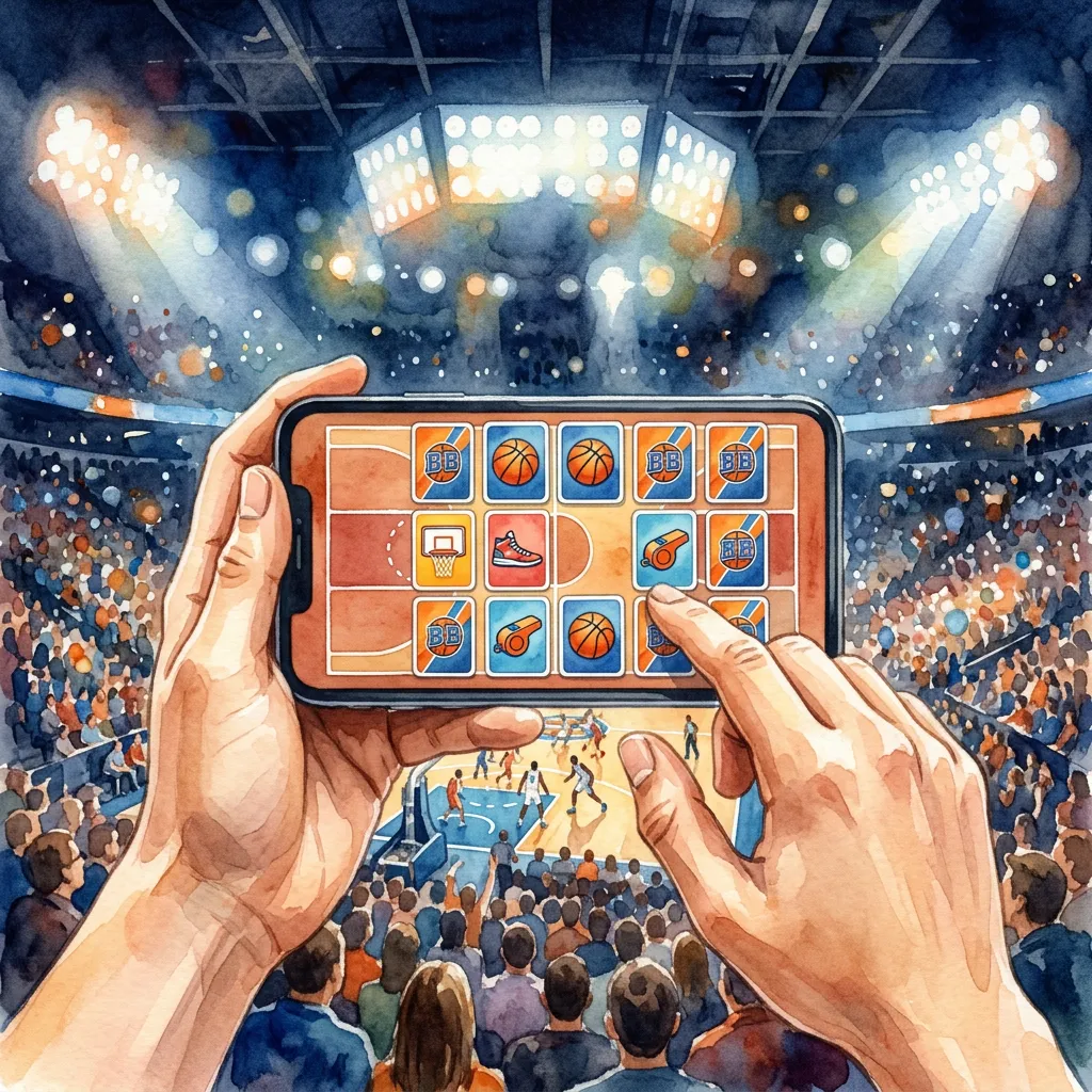 Ilustração de mãos segurando um celular com um jogo da memória de cartas de basquete, diante de uma arena lotada