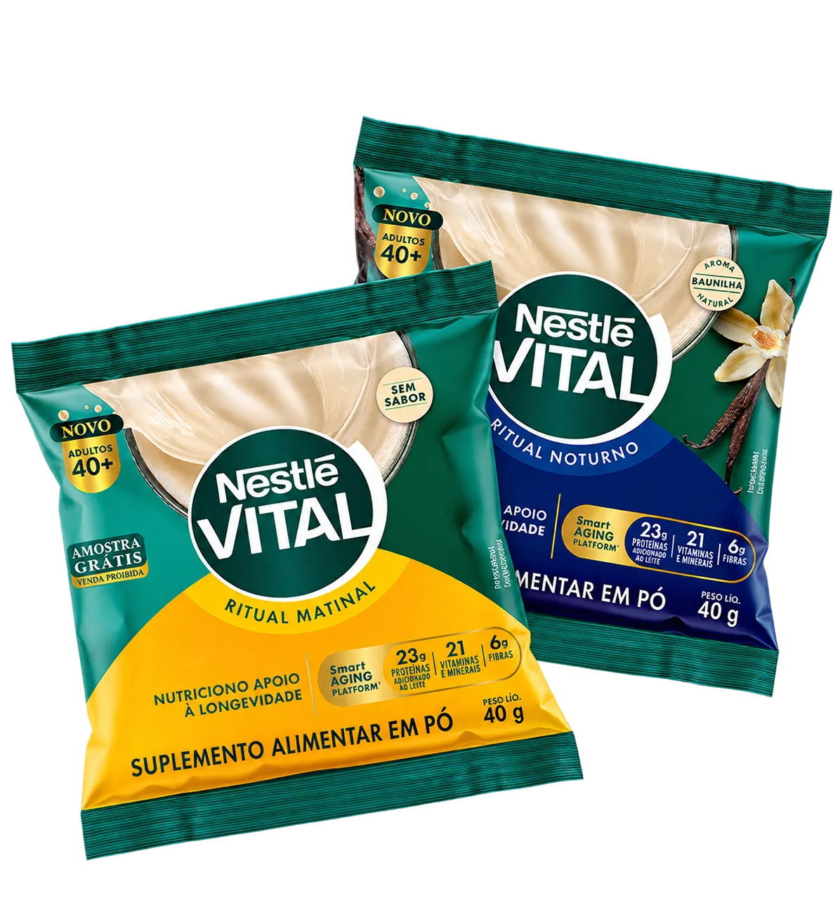 Sachês de 40 g do Nestlé Vital Ritual Matinal, amarelo, e Ritual Noturno, azul, com o selo Amostra Grátis