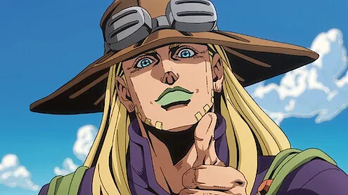 Gyro Zeppeli em imagem de divulgação do anime Steel Ball Run; não é uma foto da instalação