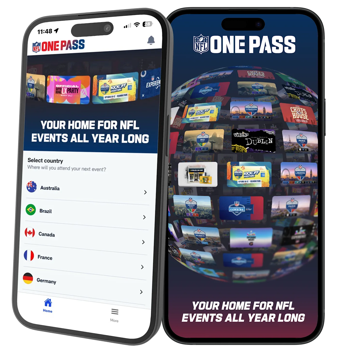 Telas do aplicativo NFL OnePass com seleção de país e agenda de eventos da liga