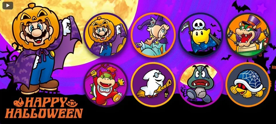 Arte oficial de Halloween da Nintendo com o Mario de abóbora e os oito ícones da coleção