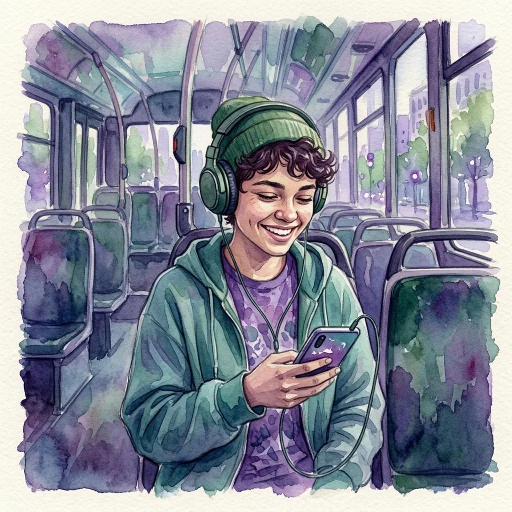 Ilustração de uma pessoa sorrindo no ônibus, com fone de ouvido, ouvindo música no celular