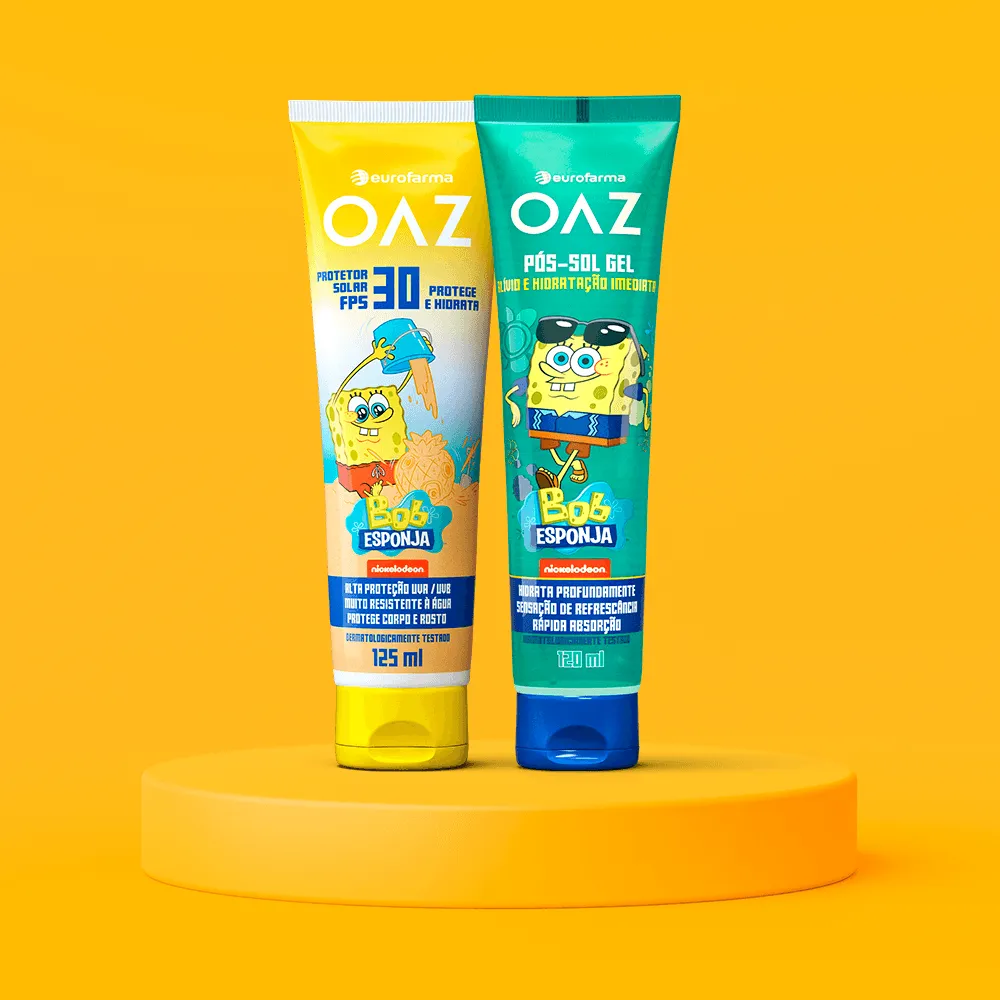 Protetor solar FPS 30 e pós-sol gel da linha OAZ Bob Esponja, em embalagens amarela e verde