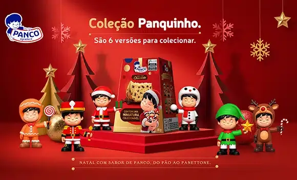 Seis versões natalinas do mascote Panquinho, com fantasias de Papai Noel, rena, boneco de neve e soldadinho de chumbo