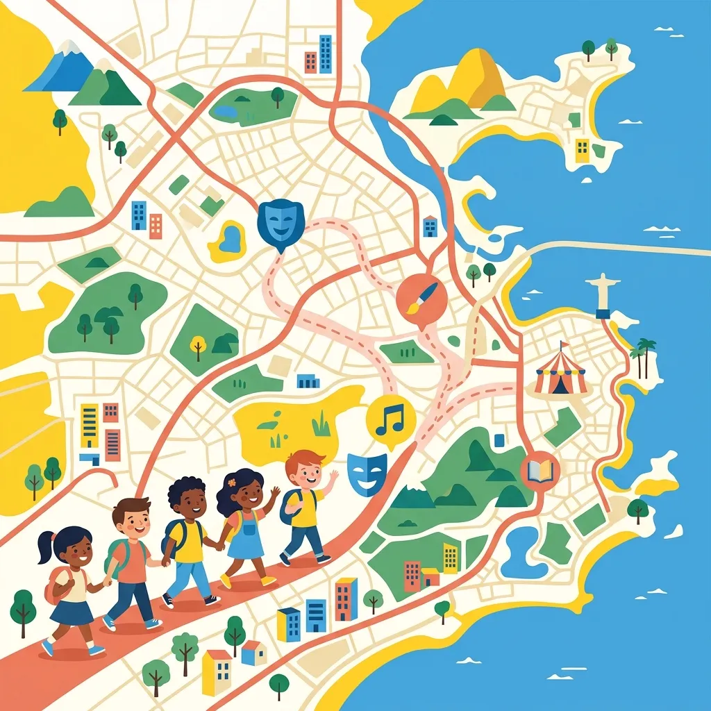 Mapa ilustrado de uma grande cidade com ícones de teatro, música, pintura, circo e literatura espalhados pelos bairros, e crianças caminhando até o ponto mais próximo