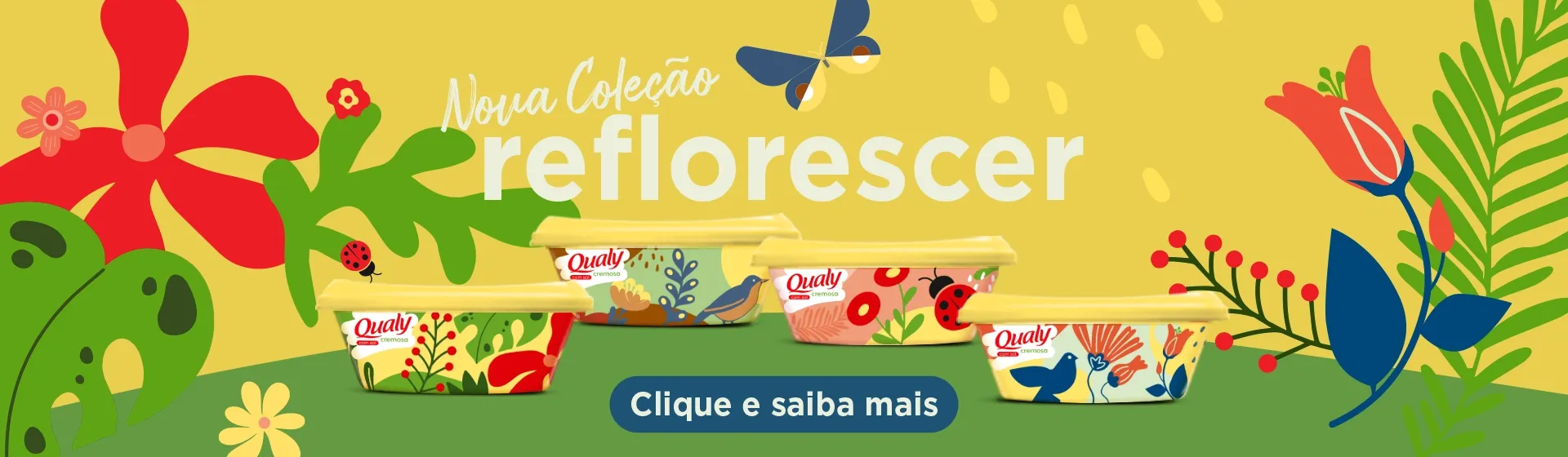Banner da coleção anterior da Qualy, Reflorescer, com quatro potes ilustrados com flores, sementes e pássaros